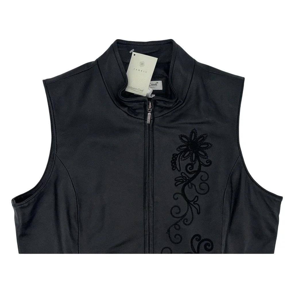 NEW Coldwater Creek Womens Leather Vest Black Small Embroidered Accents Full Zip